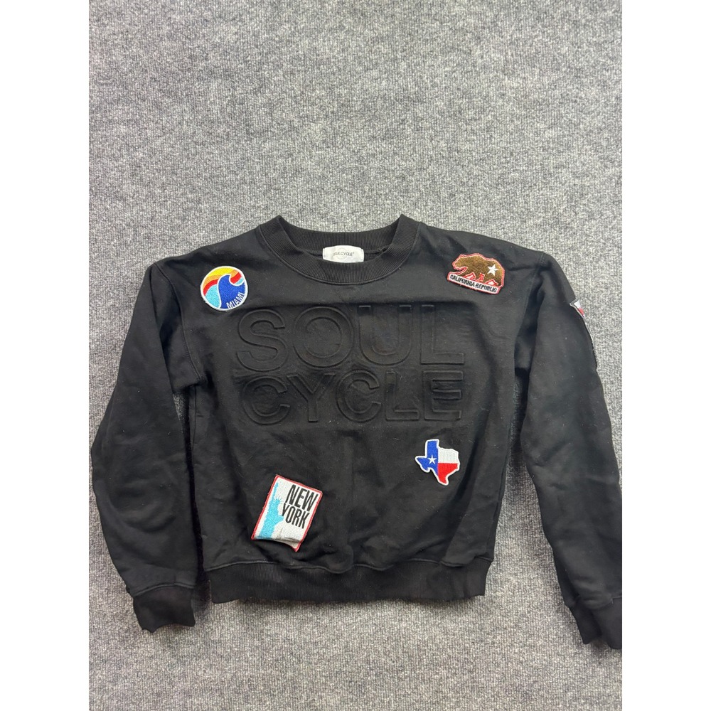 SoulCycle Sweatshirt Women Small Black Embossed Logo Multi-City Travel Patches